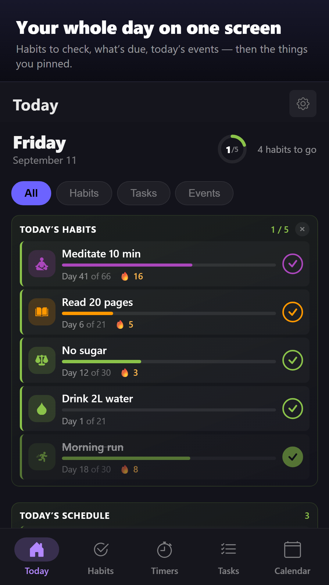 Today screen: habits, tasks and events due today
