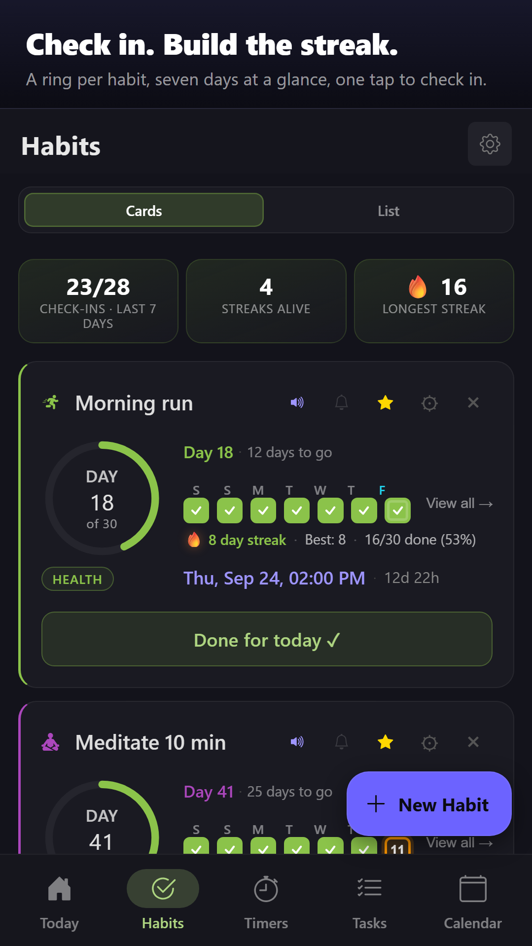 Habits screen with progress rings and streaks