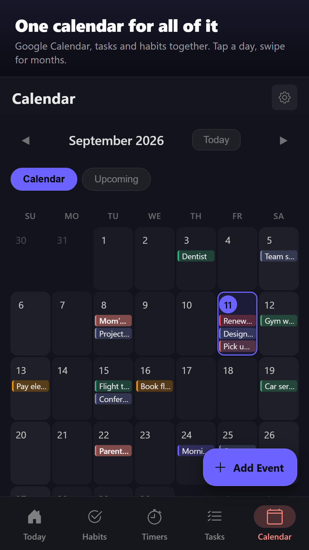 Calendar month view with events and tasks