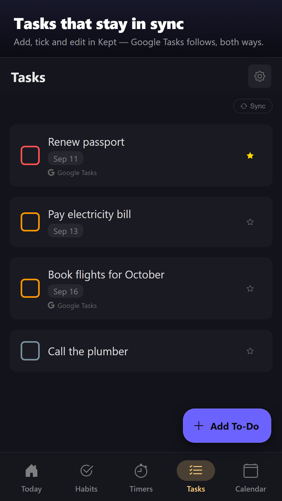 Tasks screen with due dates and priorities